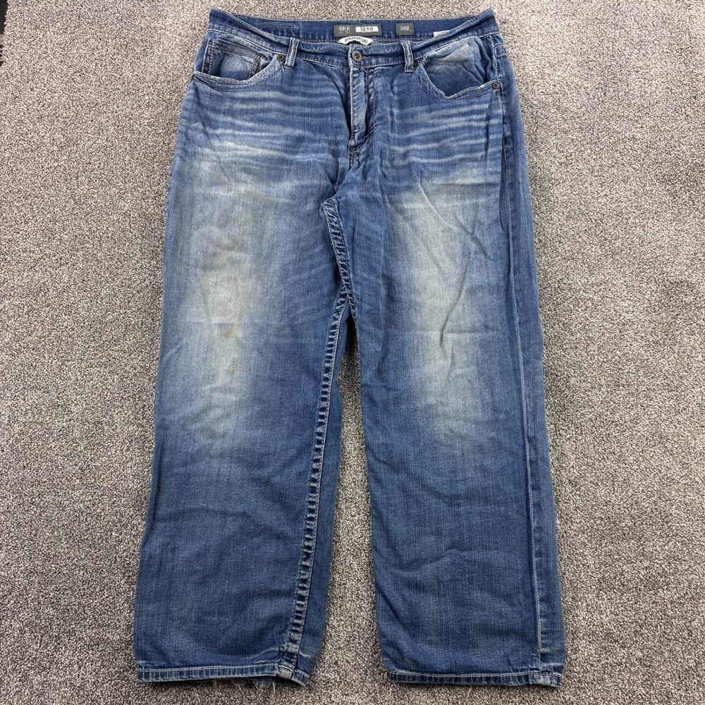 BKE Buckle Jeans Mens 38R Blue Seth Straight Leg Western White Stitch Whiskers
